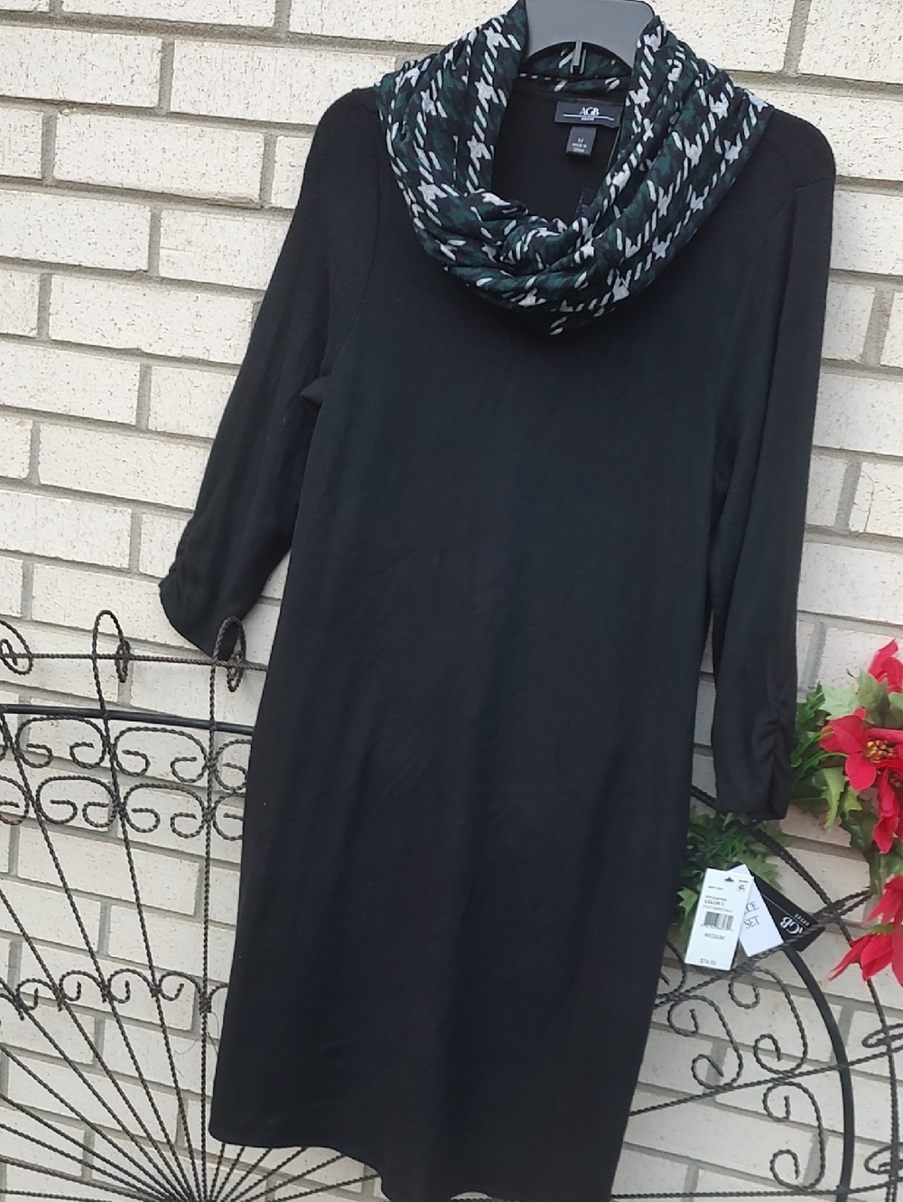 Black Knit Dress with Patterned Infinity Scarf - Picture 3 of 10